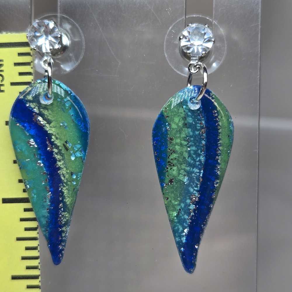 #176- Vibrant Blue and Green Leaf Earrings - Picture 2 of 2
